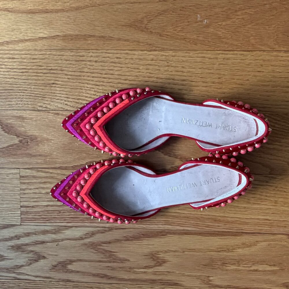 Stuart Weitzman Red Suede Flats With Gold Hardware - image 4